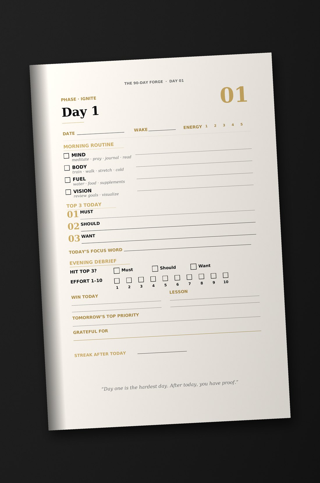 The Day 1 daily page inside The 90-Day Forge — morning routine, Top 3, evening debrief