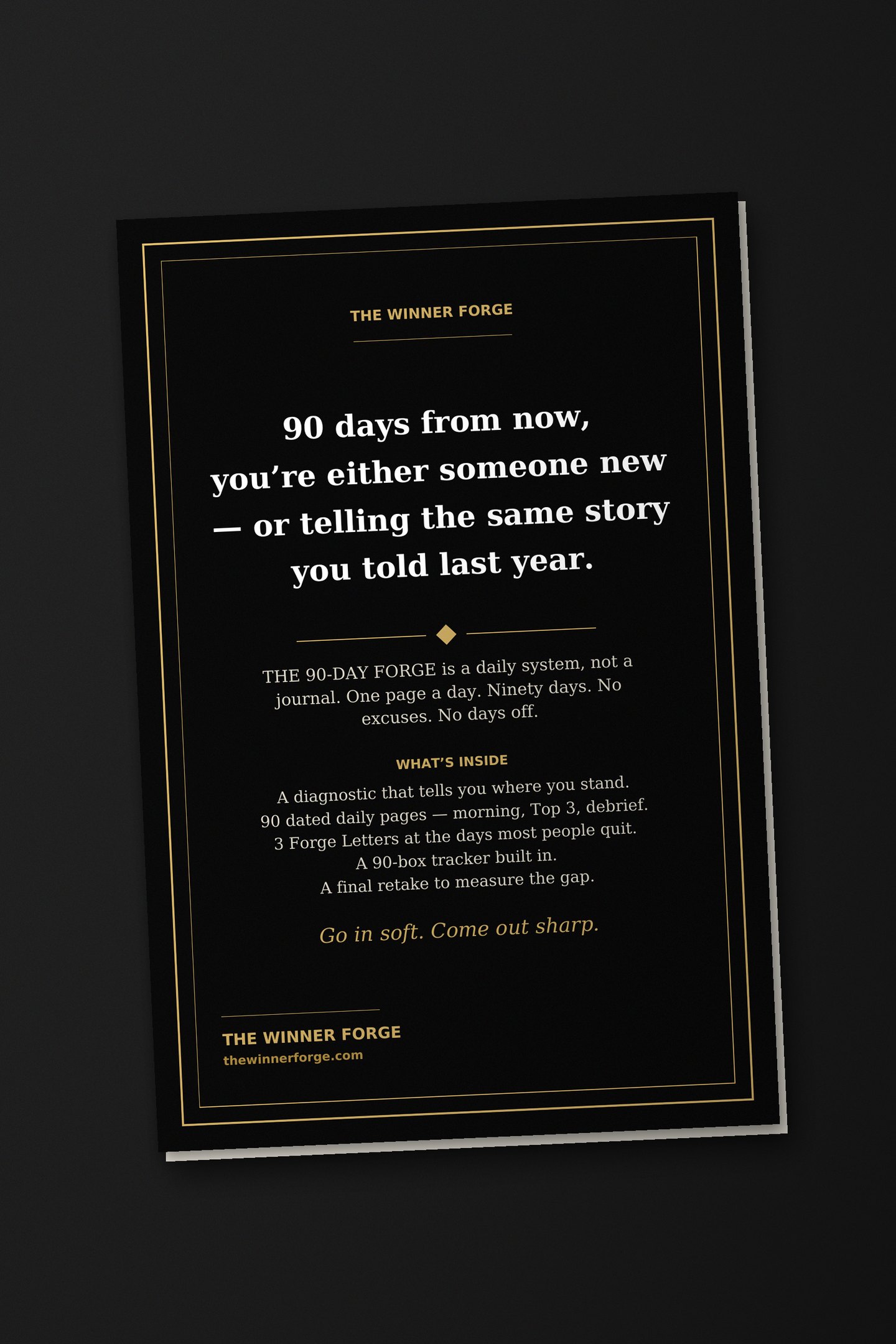 The back cover of The 90-Day Forge, printed with the same line